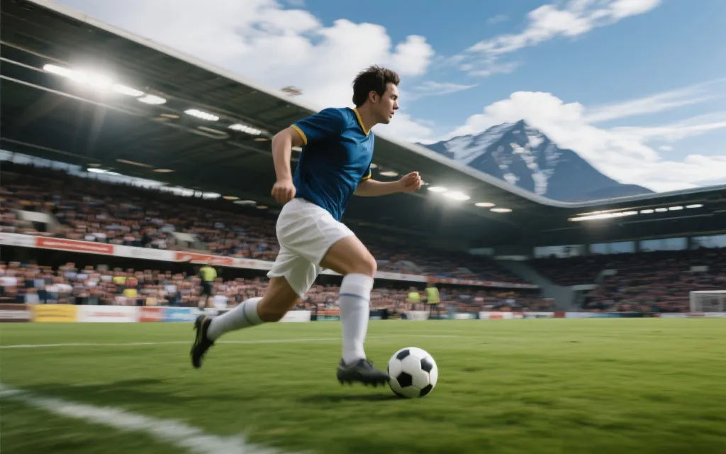 球员在高海拔球场高速突破，观众看台与稀薄空气氛围，动态摄影风格